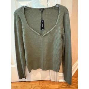 New Express Womens XL Olive Green Ribbed Long Sleeve V Neck Fitted Sweater Top